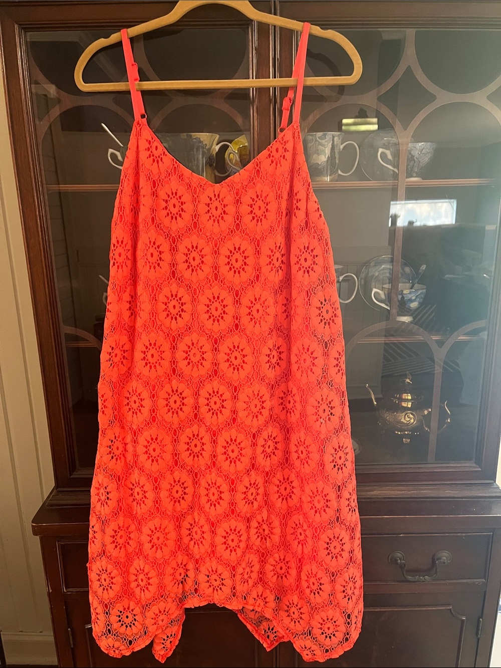 Luxology Bright Orange Floral Lace Shell